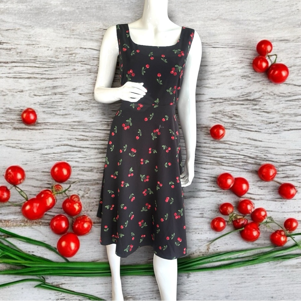 Allegra K Black With Red Cherries Sleeveless Sundress. Women’s Size Large.
